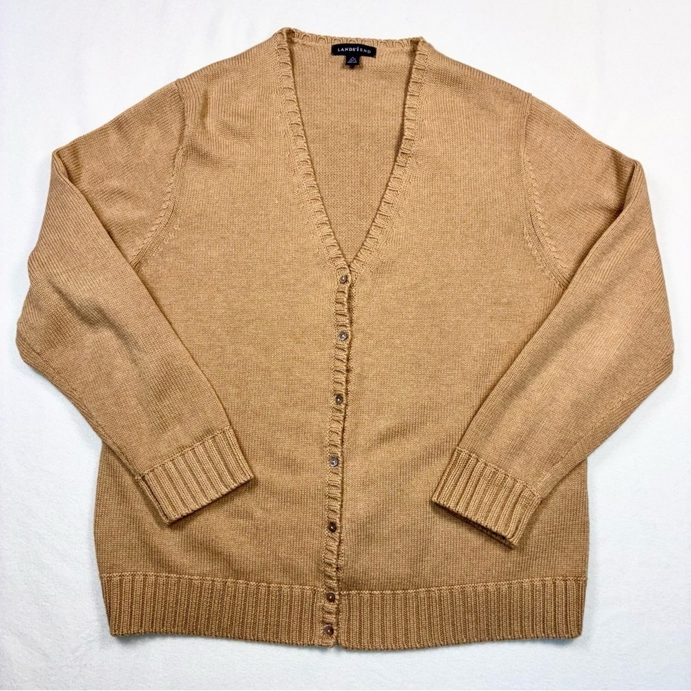 Lands’ End Cardigan Sweater V-neck XL (18/20) Preppy Cotton Tan Classic